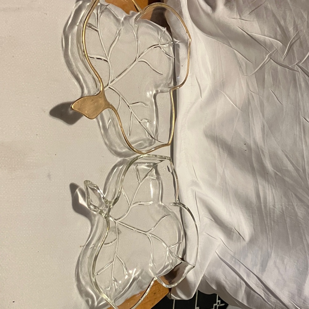 Set of 2 lovely leaf design 7” candy - condiments glass dishes.  One edged in